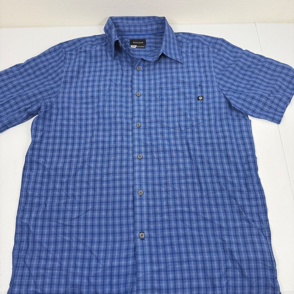 Marmot Mens Blue Plaid Short Sleeve Button Down Hiking Shirt Medium M - Picture 6 of 9